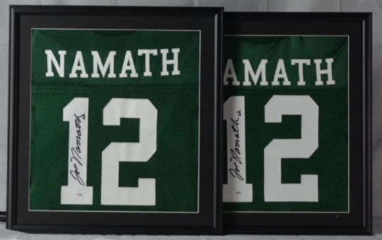 Lot of 2 Joe Namath signed jerseys, framed, individual PSA